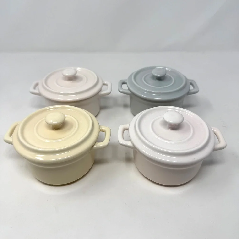 4 Ciroa Mini Ceramic Cocotte Ramekins & Lids Pastel Stoneware Baking Dishes